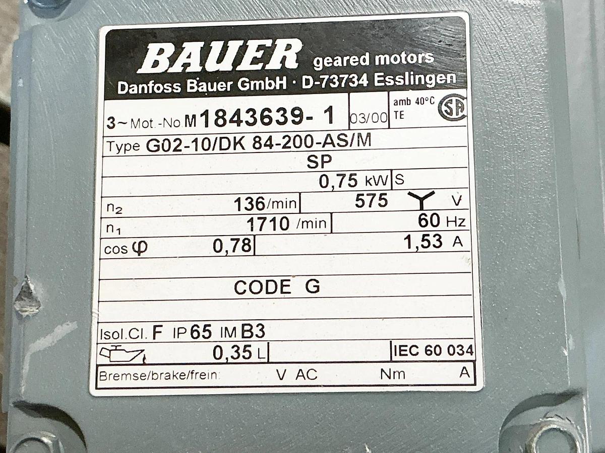 New Bauer G02-10/DK84-200-AS/M Gear Motor 575V 0.75KV 1420RPM 1.53A 60Hz