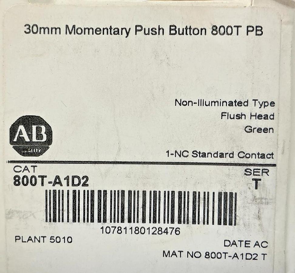 New Allen Bradley 800T-A1D2 Ser T Momentary Push Button 30mm Flush Head Green
