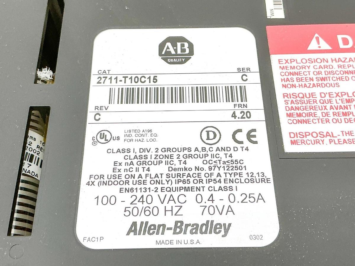 Used Allen Bradley 2711-T10C15 PanelView 1000 2450V 0.4A 50/60Hz Ser.C - Parts Only