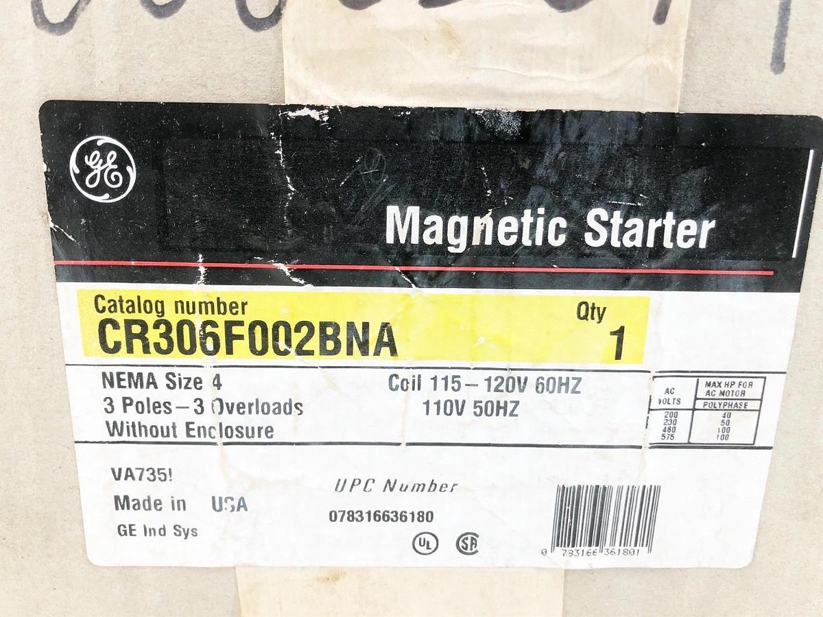 New GE General Electric CR306F002BNA Starter 120VAC 135A 3P Size 4 Sealed Box