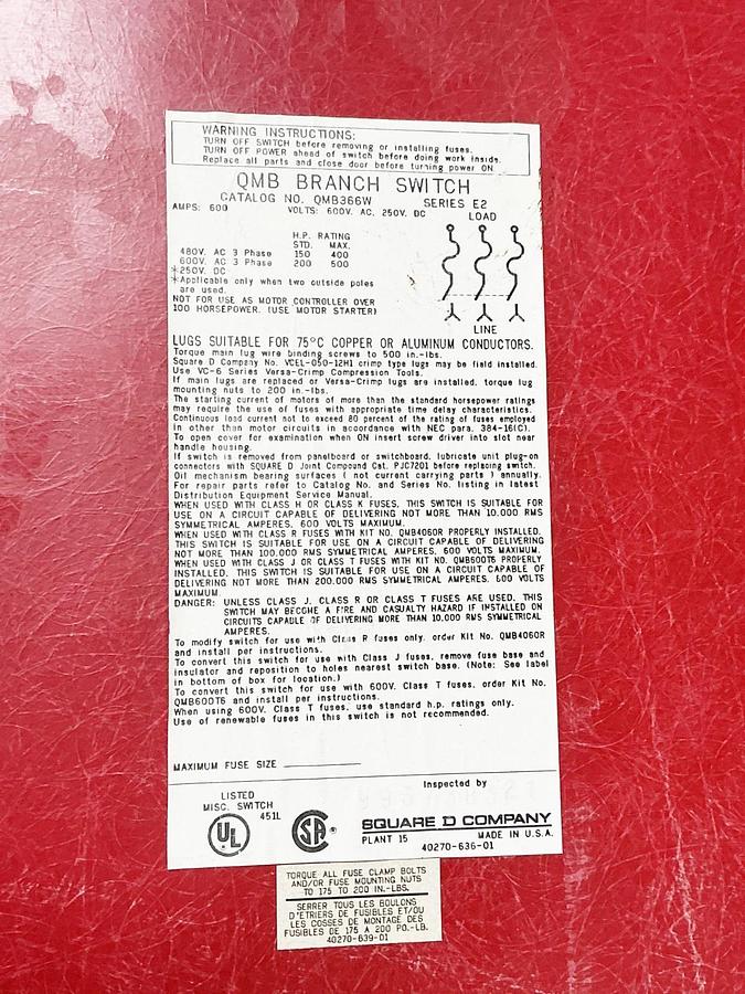 New Square D QMB366W Fusible Switch Panel 600A 3P 600VAC 3PH HP 500 - No Box