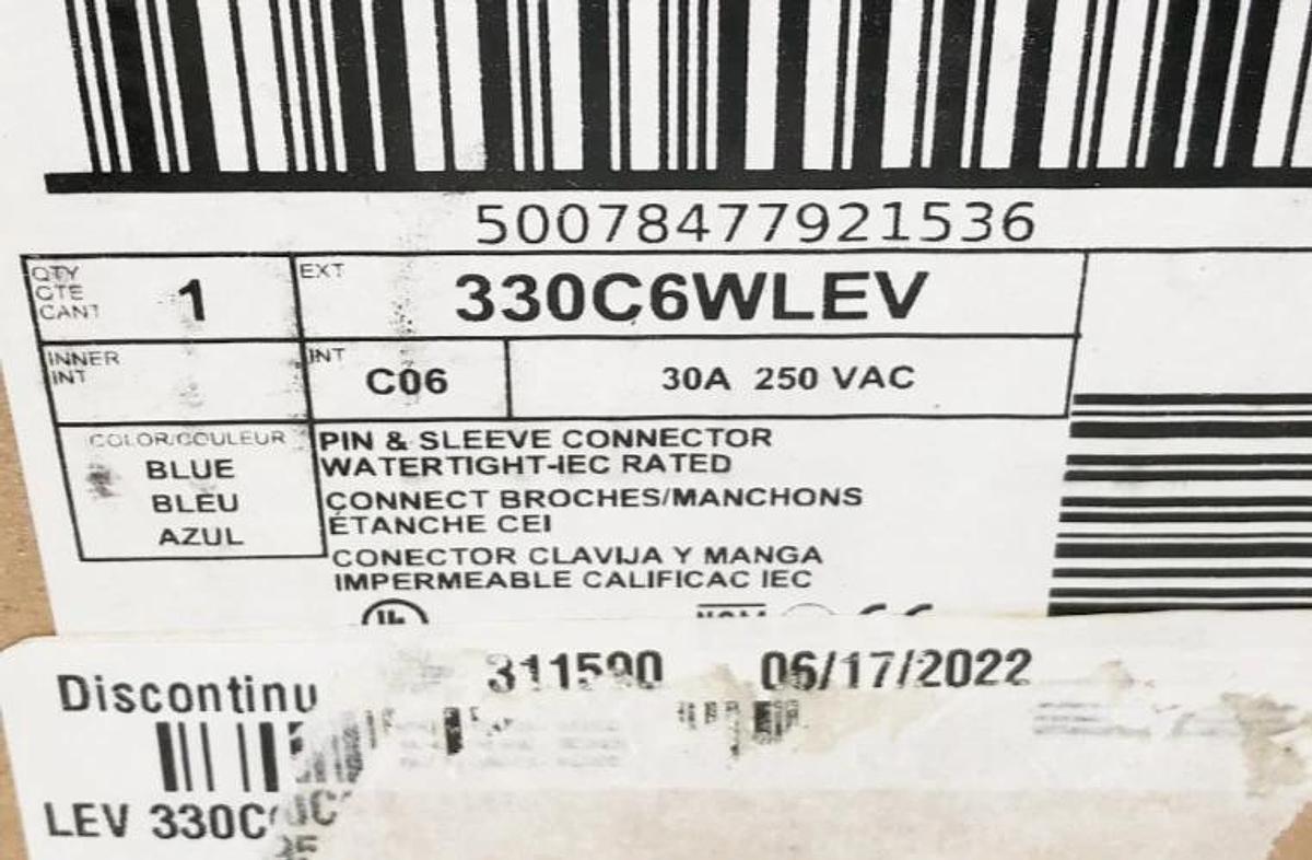 New Leviton 330C6WLEV Watertight Pin & Sleeve Connector Blue 30A 250VAC