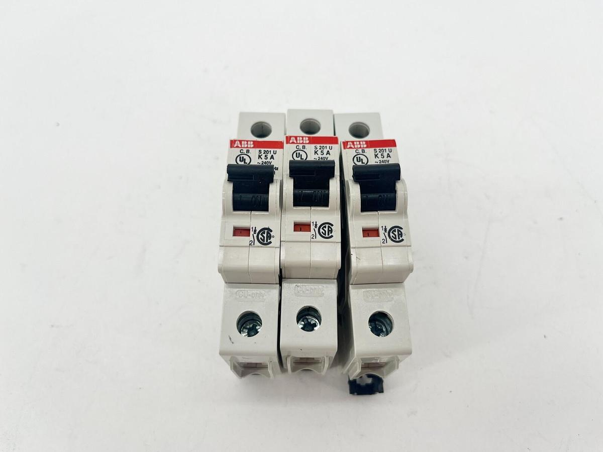 Used Lot of 3 ABB S201U-K5A Miniature Circuit Breakers 5A 240V 1P 2CDS251001R0357