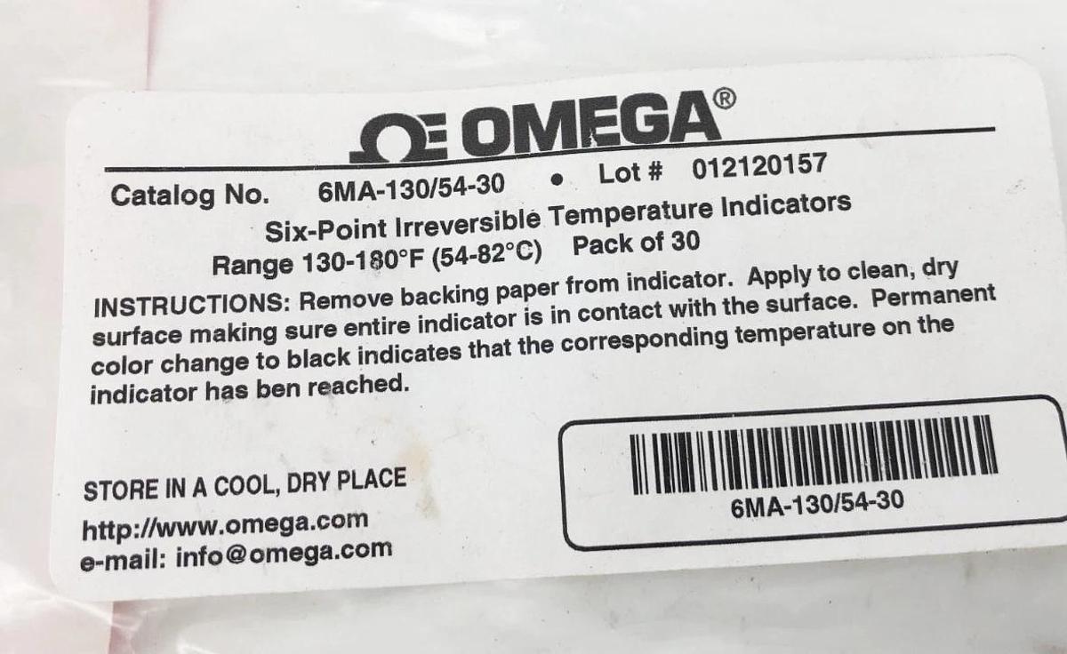 Bag of 30 New Omega 6MA-130/54-30 Six Point Horizontal Temperature Labels