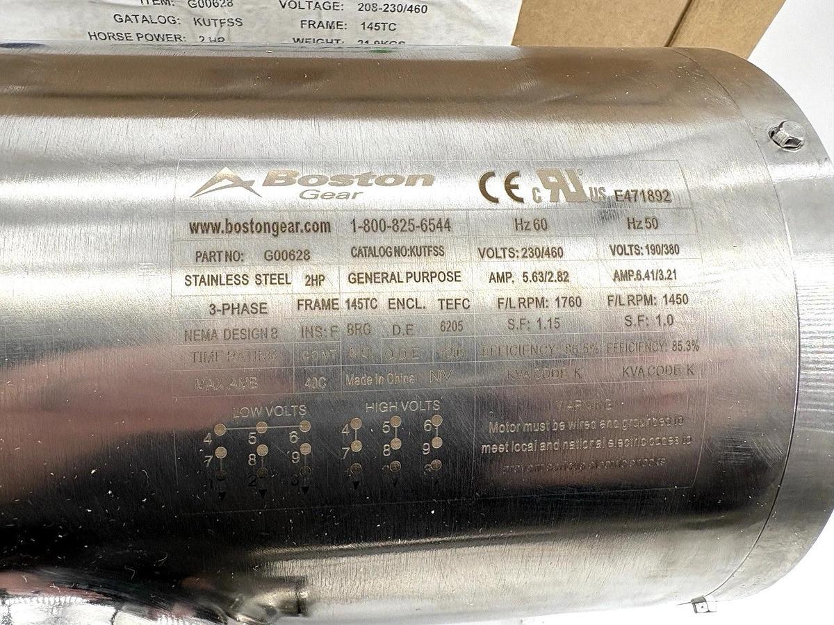 New Boston Gear KUTFSS G00628 2HP TEFC SS Washdown Motor 230/460V 1760rpm 145TC