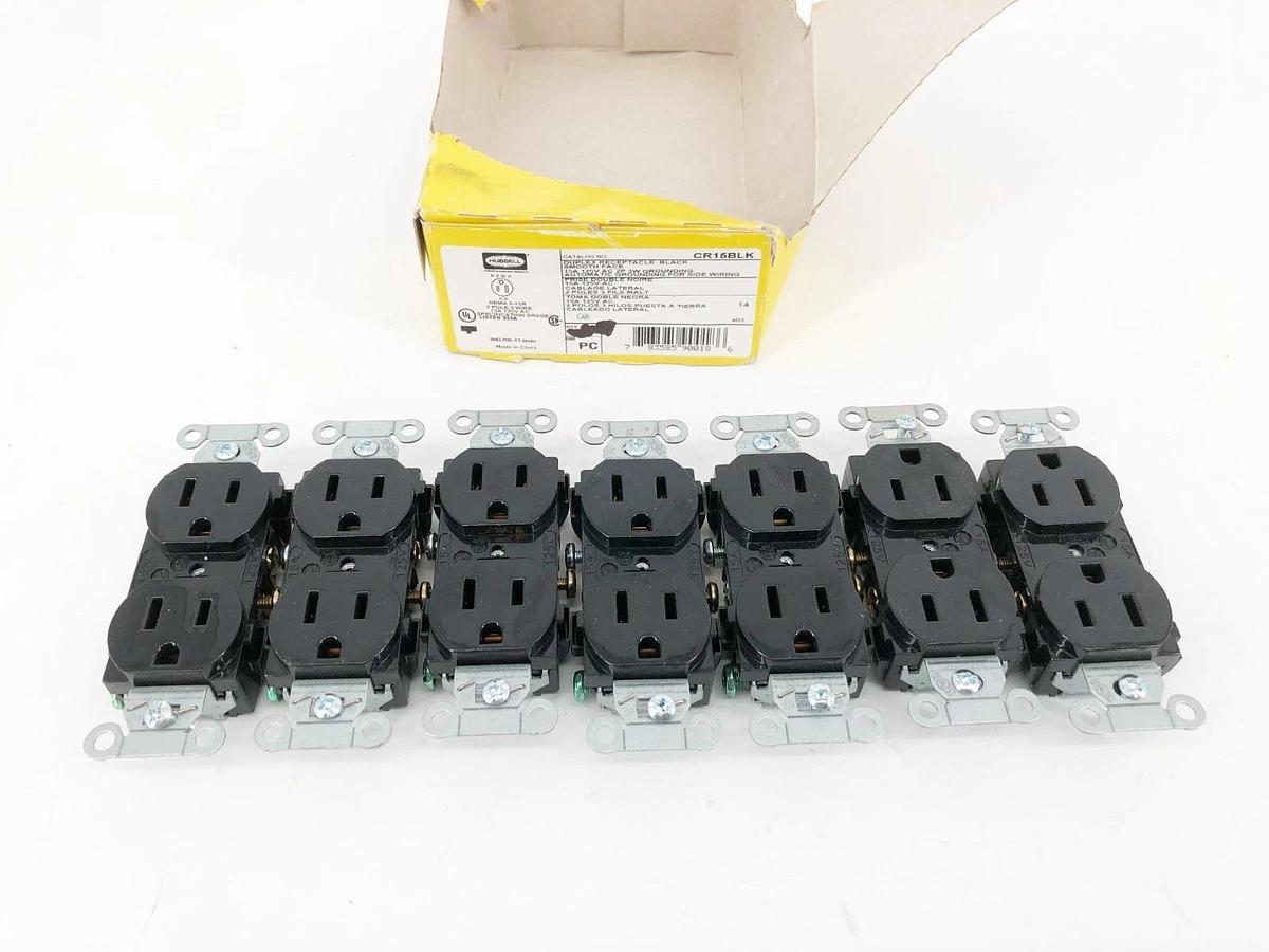 Box of 7 New Hubbell CR15BLK Duplex Receptacles 15A 125VAC 2P 2LBR8