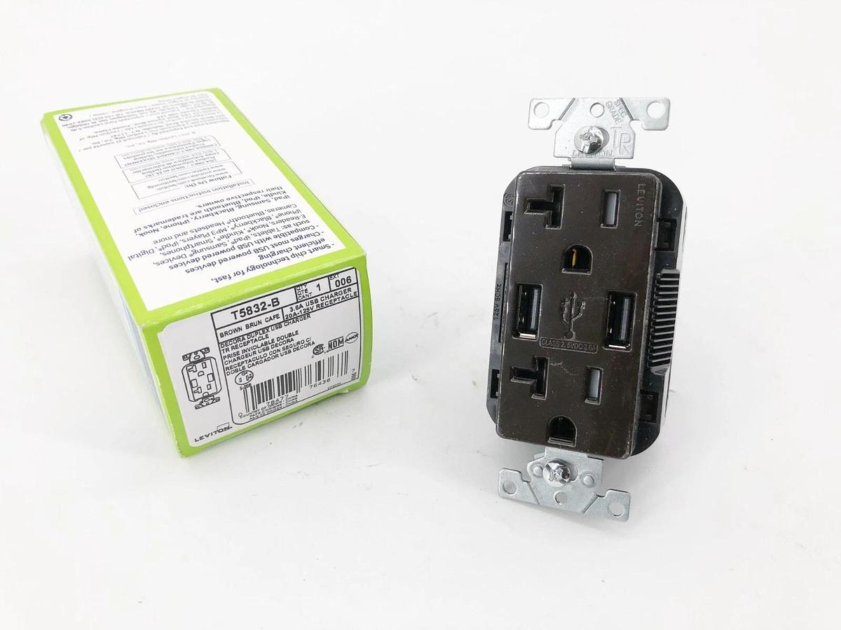 New Leviton T5832-B Decora Duplex USB Charger Brown 3.6A USB 20A-125V