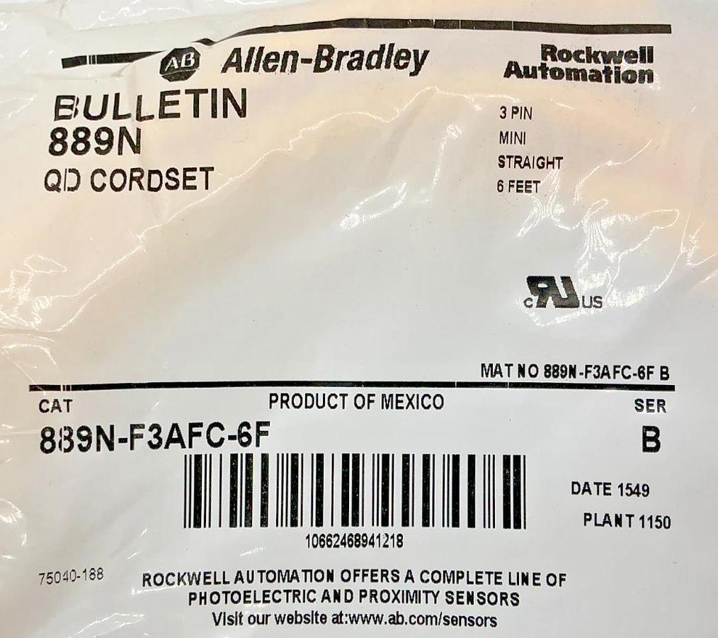 New Allen Bradley 889N-F3AFC-6F Ser B QD Cordset Female 3-Pin 3-Wire 6ft