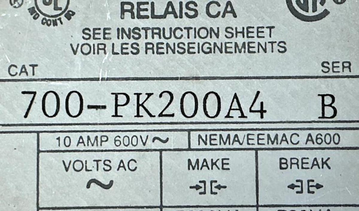 Used Allen Bradley 700-PK200A4 Ser B Control AC Relay 20A 460/480V 60HZ