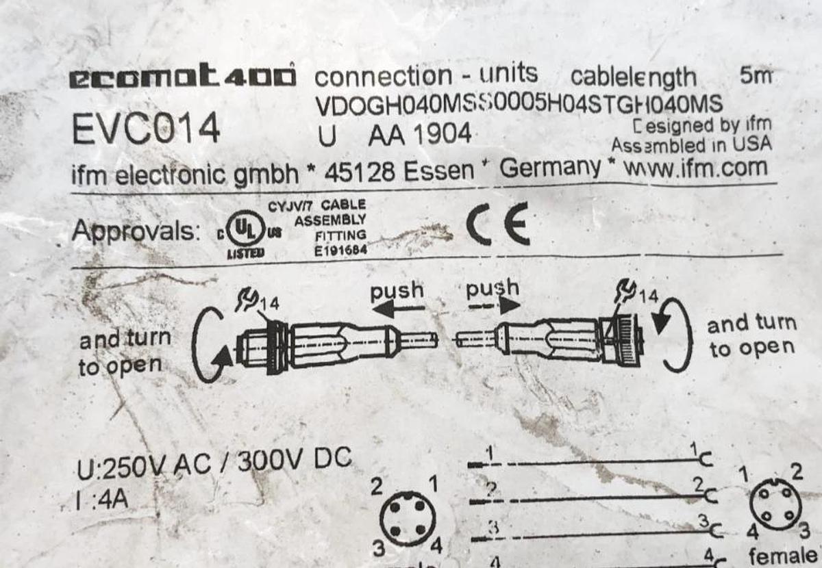 Lot of 2 New IFM EVC014 Cables 250VAC 350VDC VDOGH040MSS0005H04STGH040MS
