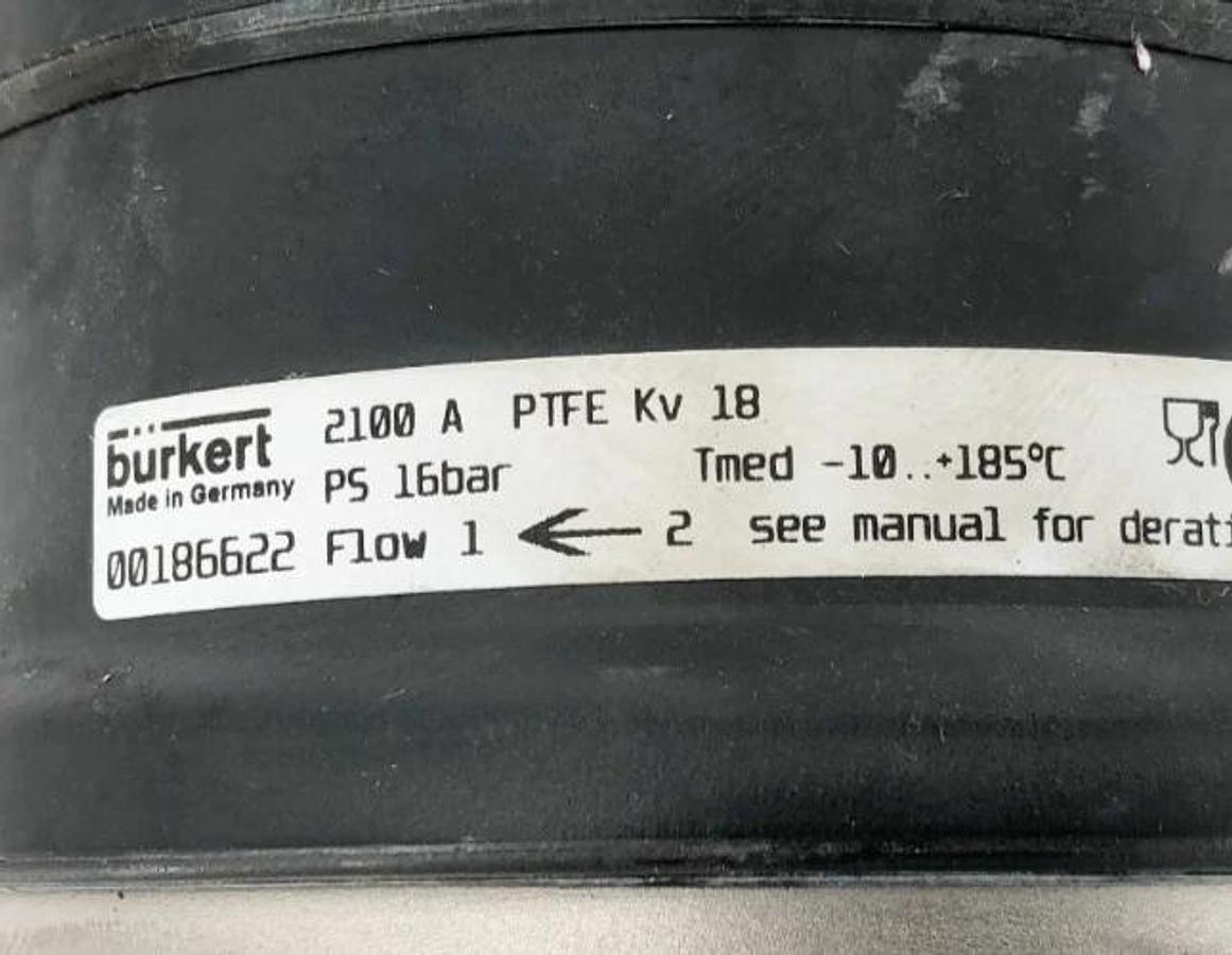 Used Burkert 2100A-PTFE-Kv18 Valve w/ 8691-E3-..-0PU02 Single Act Pilot 00186622
