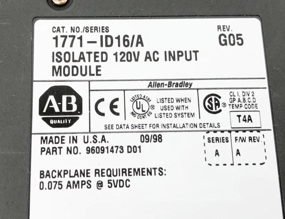 Used Lot of 2 Allen Bradley 1771-ID16 Ser. A Isolated Input Module 120VAC/DC