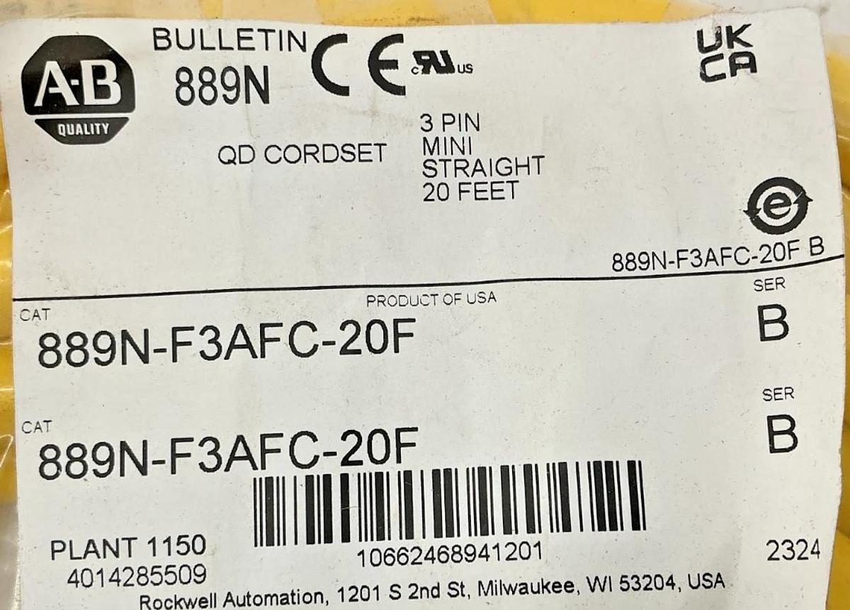 New Allen Bradley 889N-F3AFC-20F Ser B QD Cordset Female 3-Pin 3-Wire 20ft