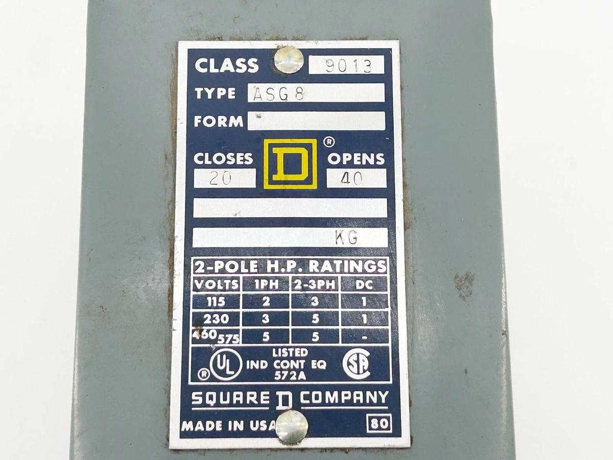 Used Square D 9013-ASG-8 Pressure Switch Close 80 Opens 100 2P 575V 3PH