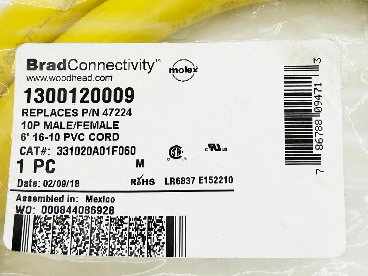 New Brad Connectivity 1300120009 10P Male/Female Cordset 6' 16-10 PVC