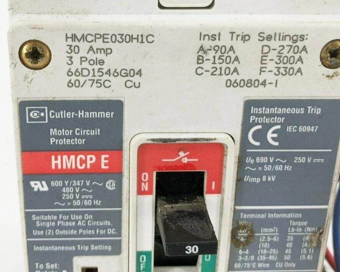 Used Cutler Hammer HMCPE030H1C Motor Circuit Protector Breaker 3P 480V 30A