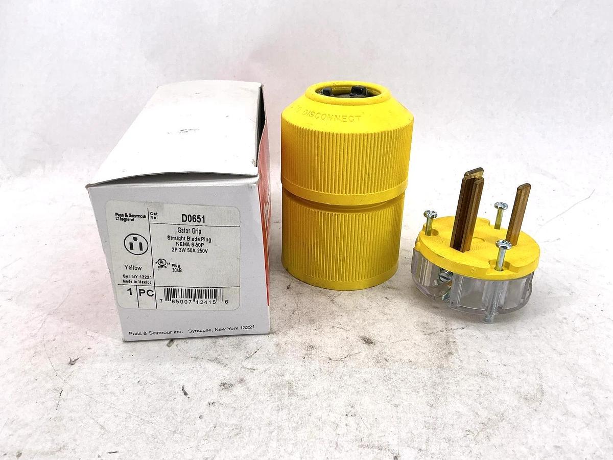 New Pass & Seymour D0651 Gator Grip Straight Blade Plug 2P 3W 50A 250V