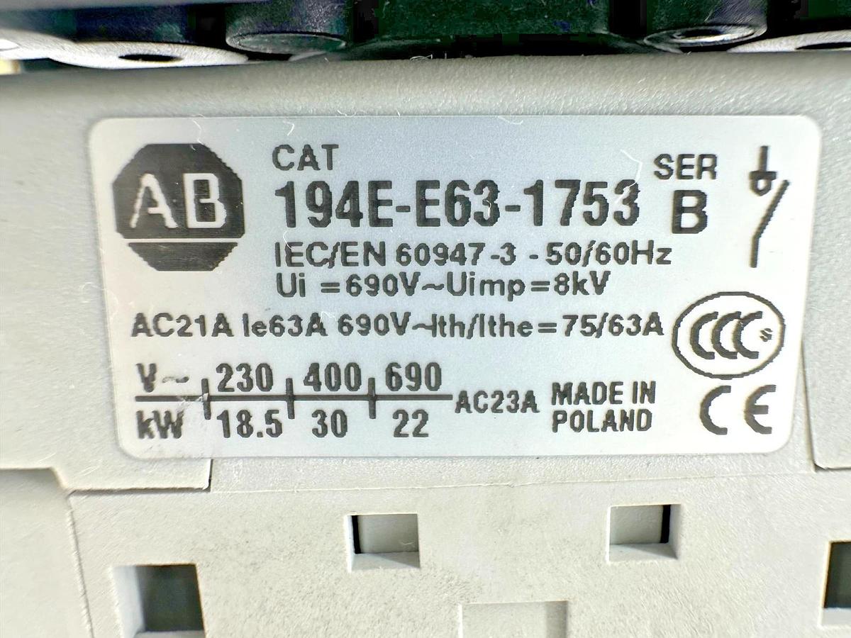 New Allen Bradley 194E-E63-1753 Ser. B Load Switch 63A 600VAC - No Box