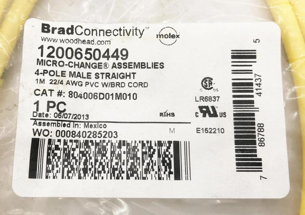 New Brad Connectivity 1200650449 Cable 4-Pole Male Straight 804006D01M010