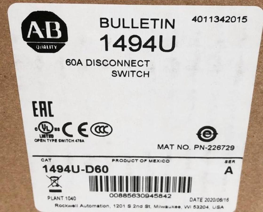 New Allen Bradley 1494U-D60 Disconnect Switch 60A 600V 3 Phase