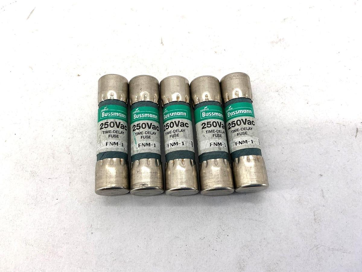 Lot of 5 New Bussmann FNM-1 250Vac Time-Delay Fuse 1A 250V
