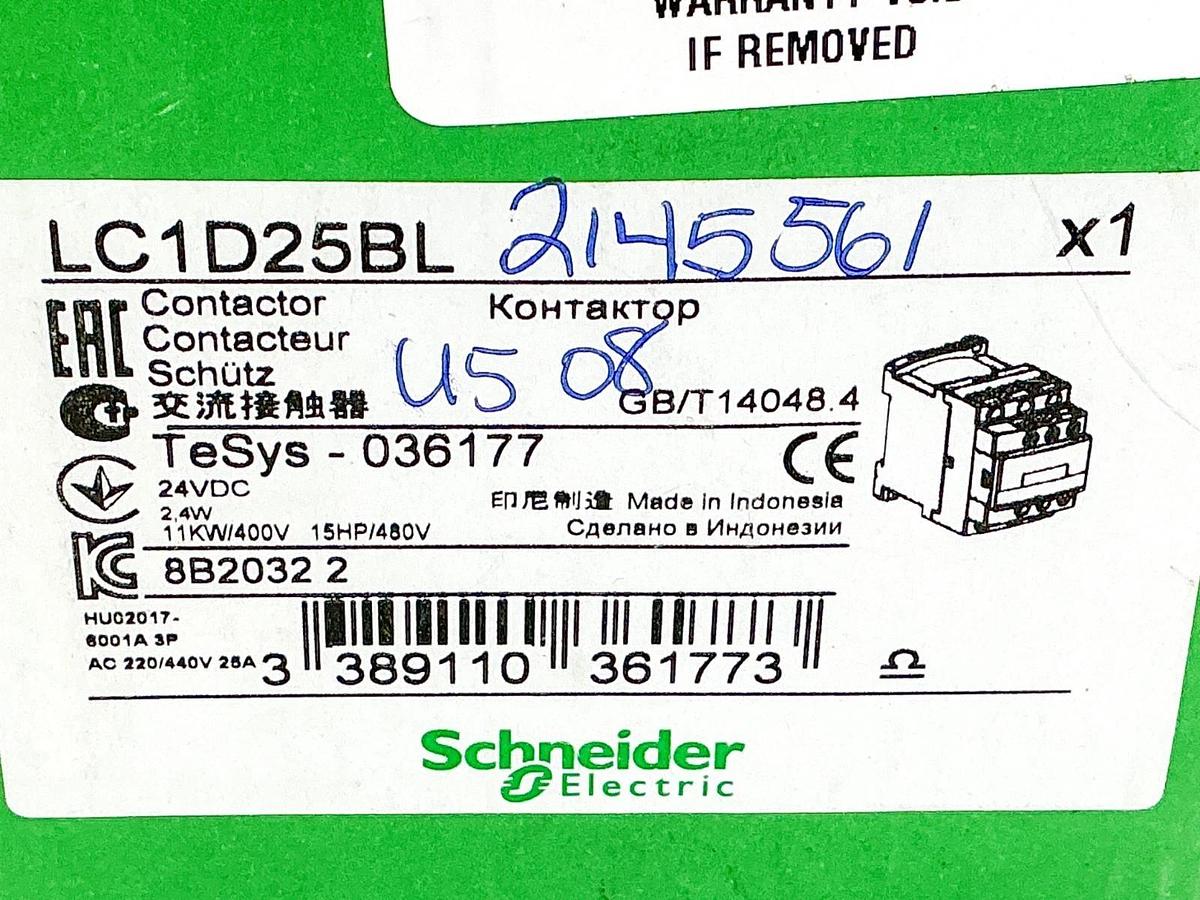 New Schneider Electric LC1D25BL Contactor 24VDC 2.4W 460V 15HP 036177