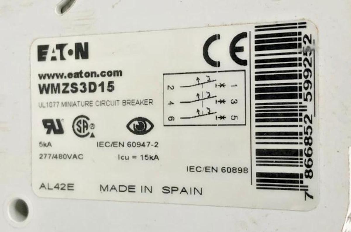 Used Eaton WMZS3D15 Circuit Breaker 15A 277/480VAC 3P