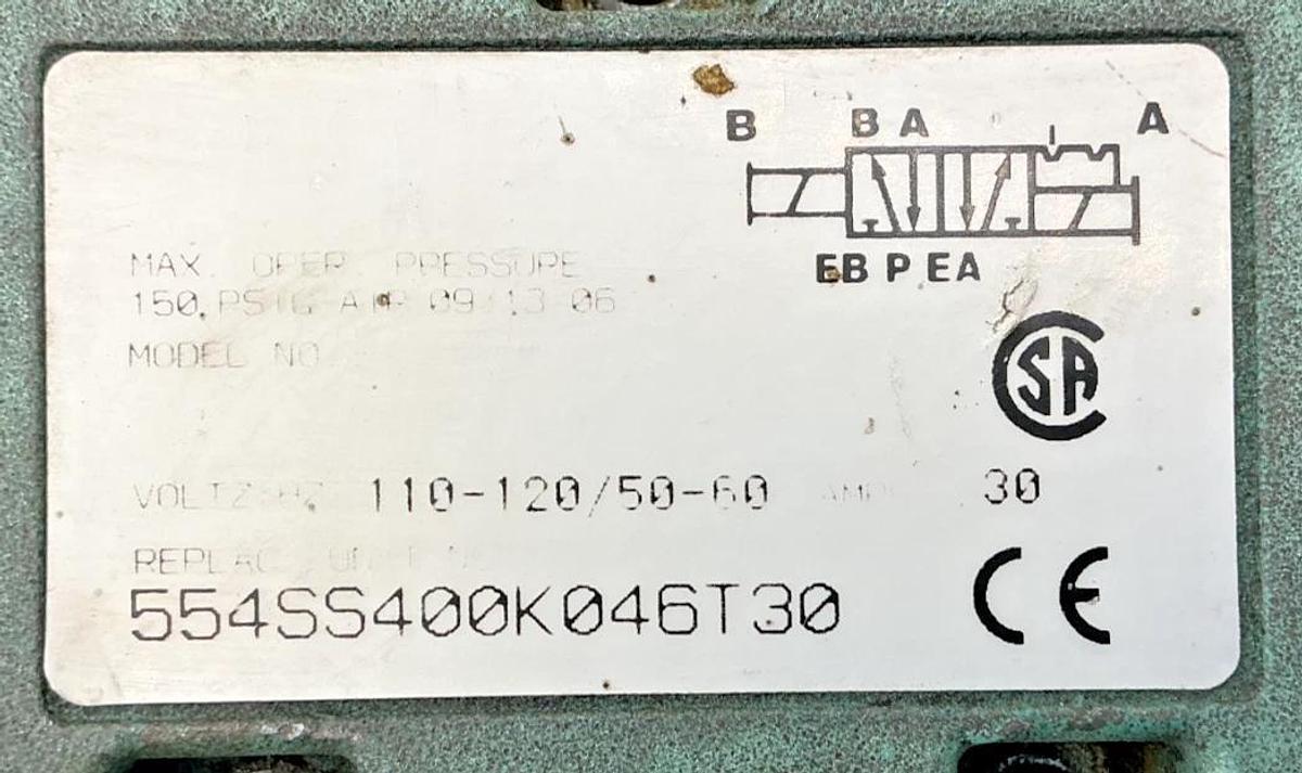 Used Numatics 554SS400K046T30 Solenoid Valve 150PSIG-Air 0.30A 110/120V 50/60HZ