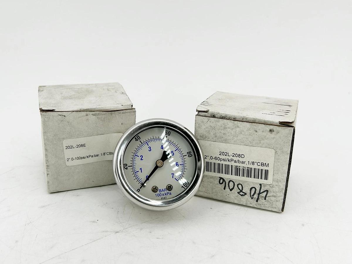 New Lot of 2 202L-208D Pressure Gauge 2" 0-60PSI KPA/Bar 1/8"CBM