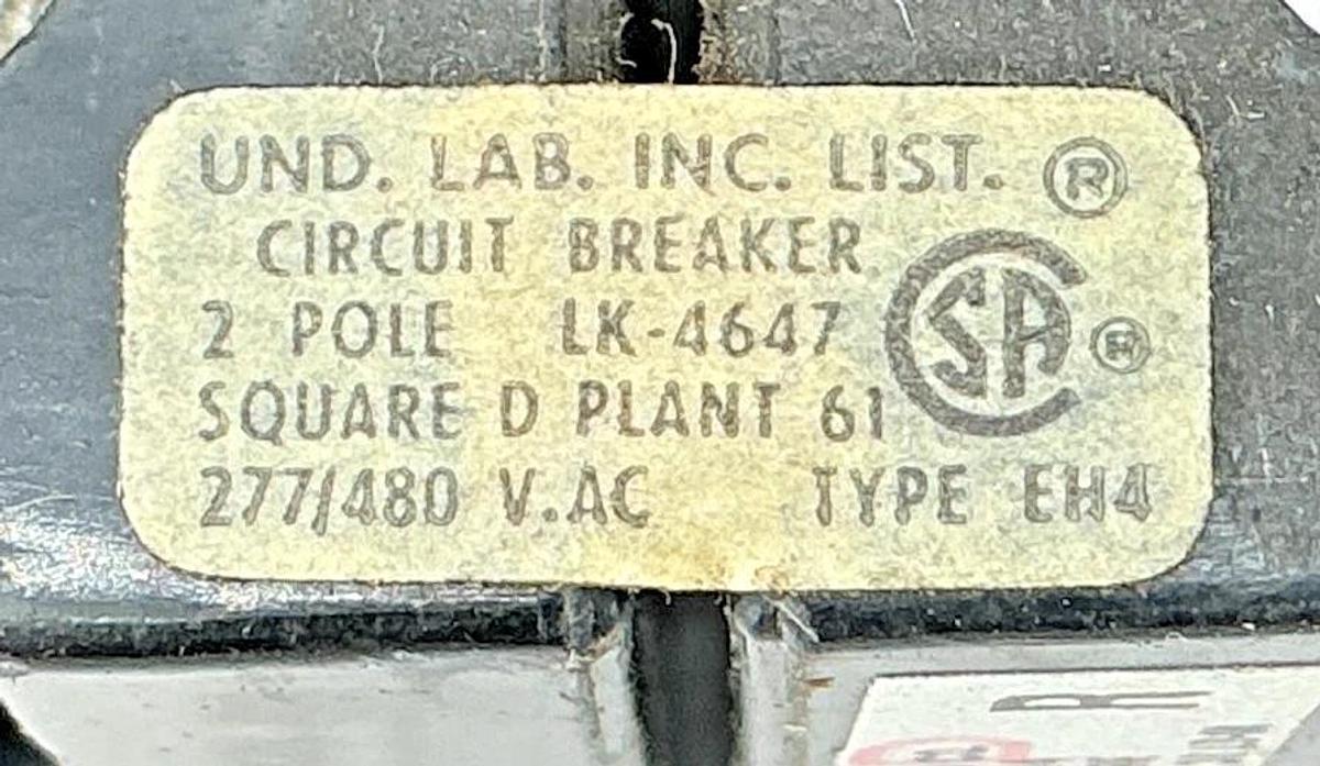 Used Square D EH24060 Circuit Breaker Type EH4 2-Pole 60A 277/480VAC