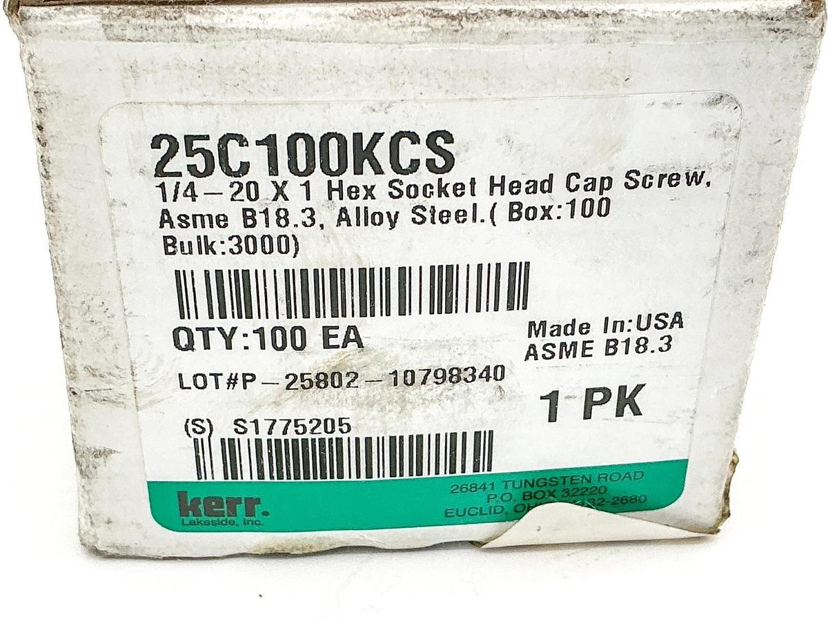 New Box of 100 25C100KCS Hex Socket Head Cap Screw 1/4-20X1