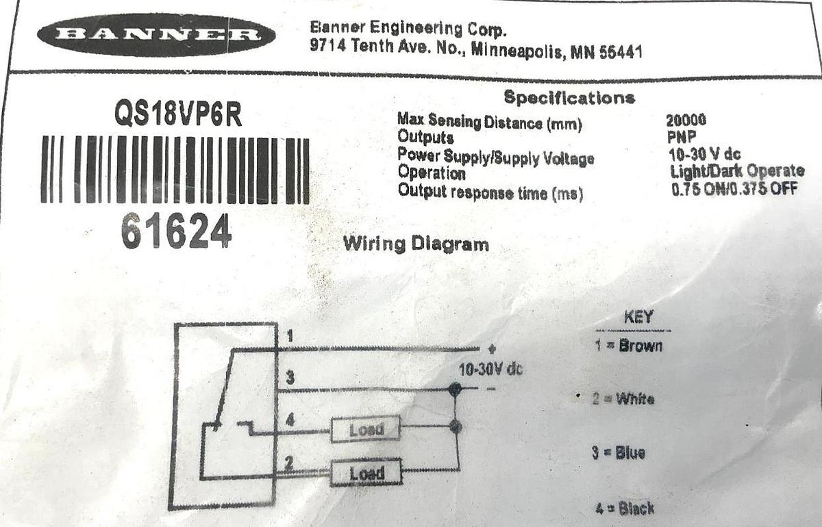 New Banner Engineering QS18VP6R Photoelectric Sensor 4-Wire 10-30VDC 61624