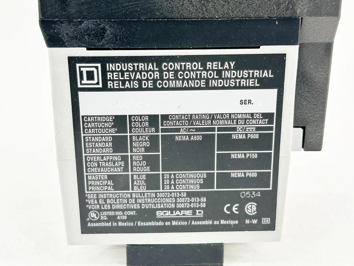 New Square D 8501-XO40V06 AC Control Relay 10A 600V 440/480Vac 50.60Hz Type X