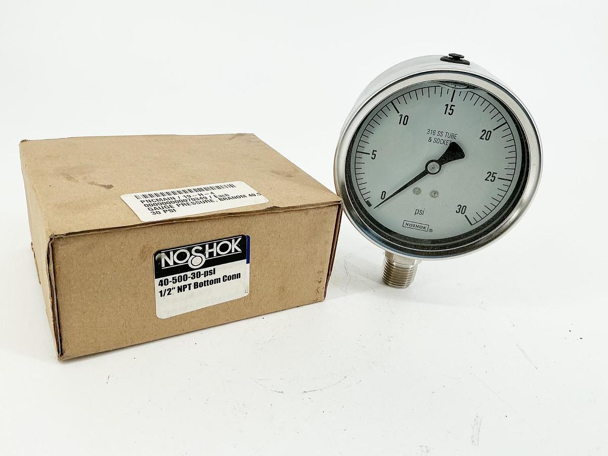 New NoShok 40-500-30-PSI Pressure Gauge 4" Face 30PSI 1/2" NPT