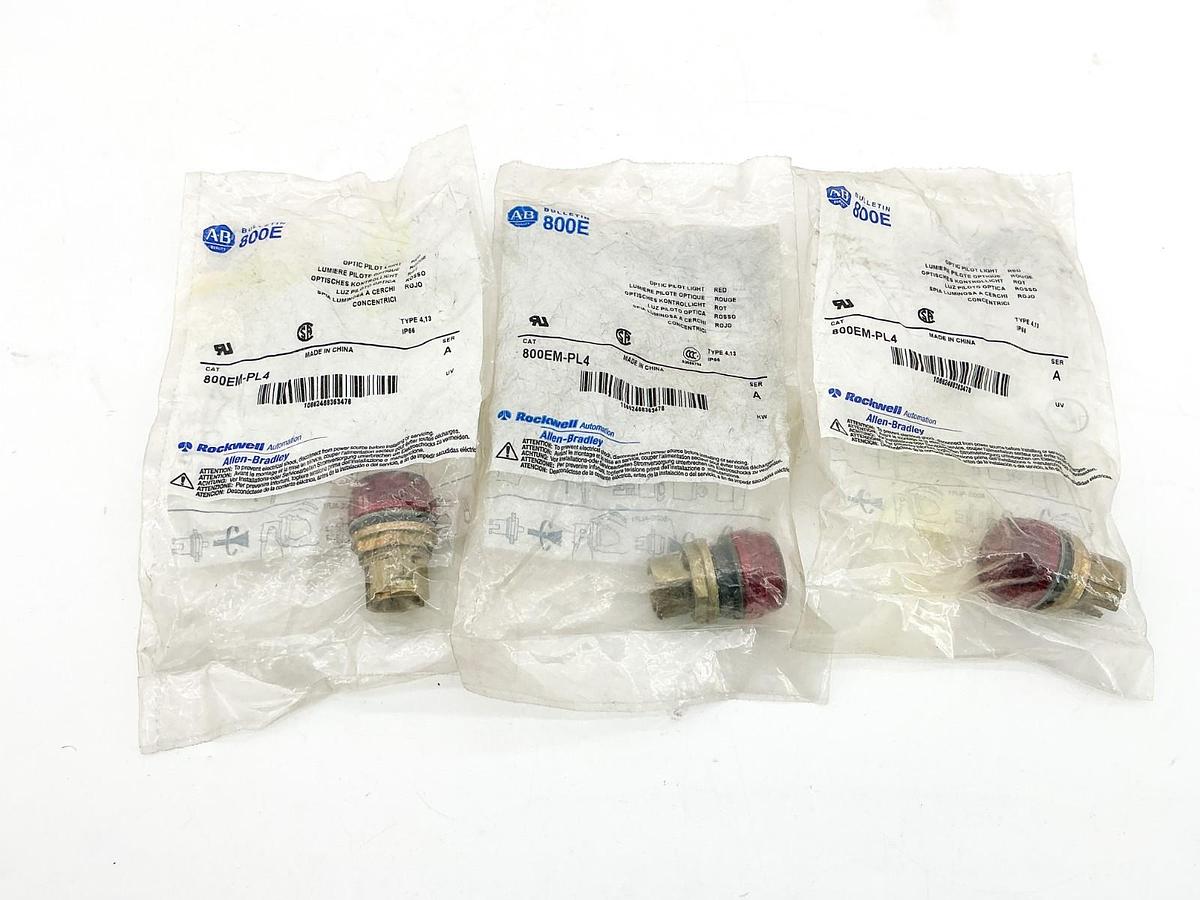 New Lot of 3 Allen Bradley 800EM-PL4 Optic Pilot Light Red Ser.A