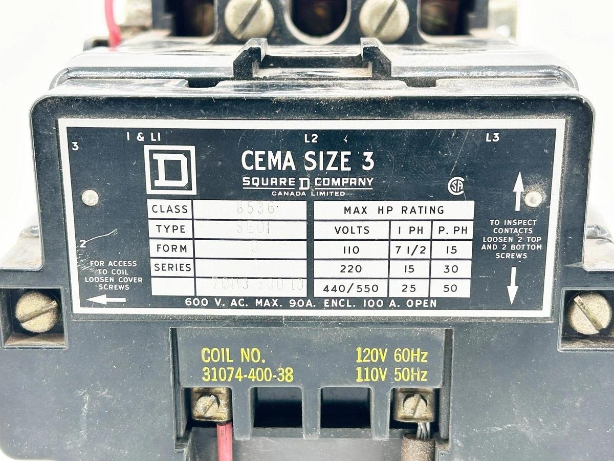 Used Square D 8536SEO1V02S Starter 90A 600V 3Phase 3P 110/120V 50/60Hz NEMA 3