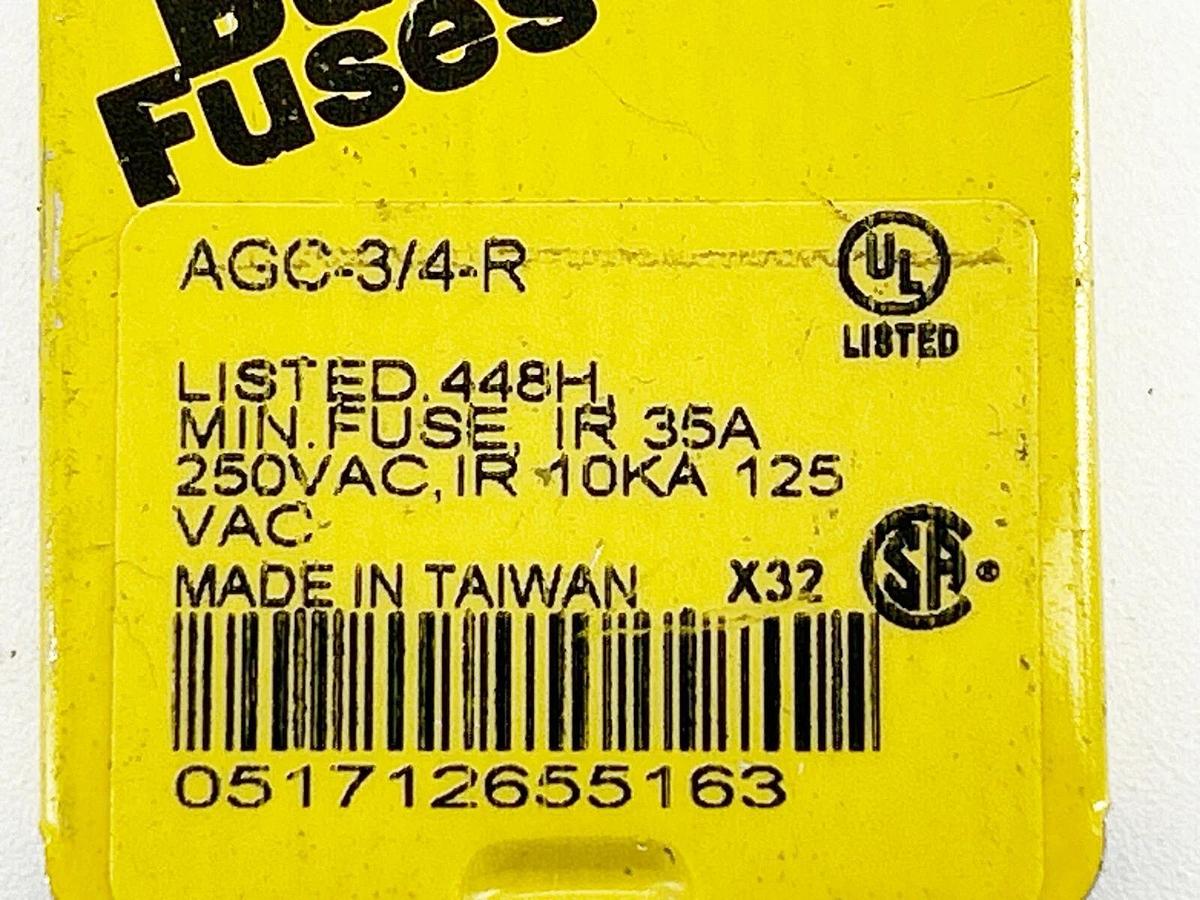 New Lot of 15 Bussmann AGC-3/4-R Glass Fuse 0.75A 250V