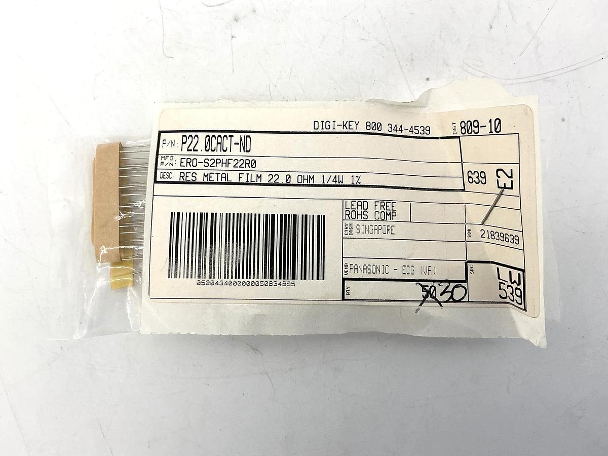 Bag of 30 ERO-S2PHF22R0 Metal Film Resistors 22OHM 1/4W 1% P22.0CACT-ND