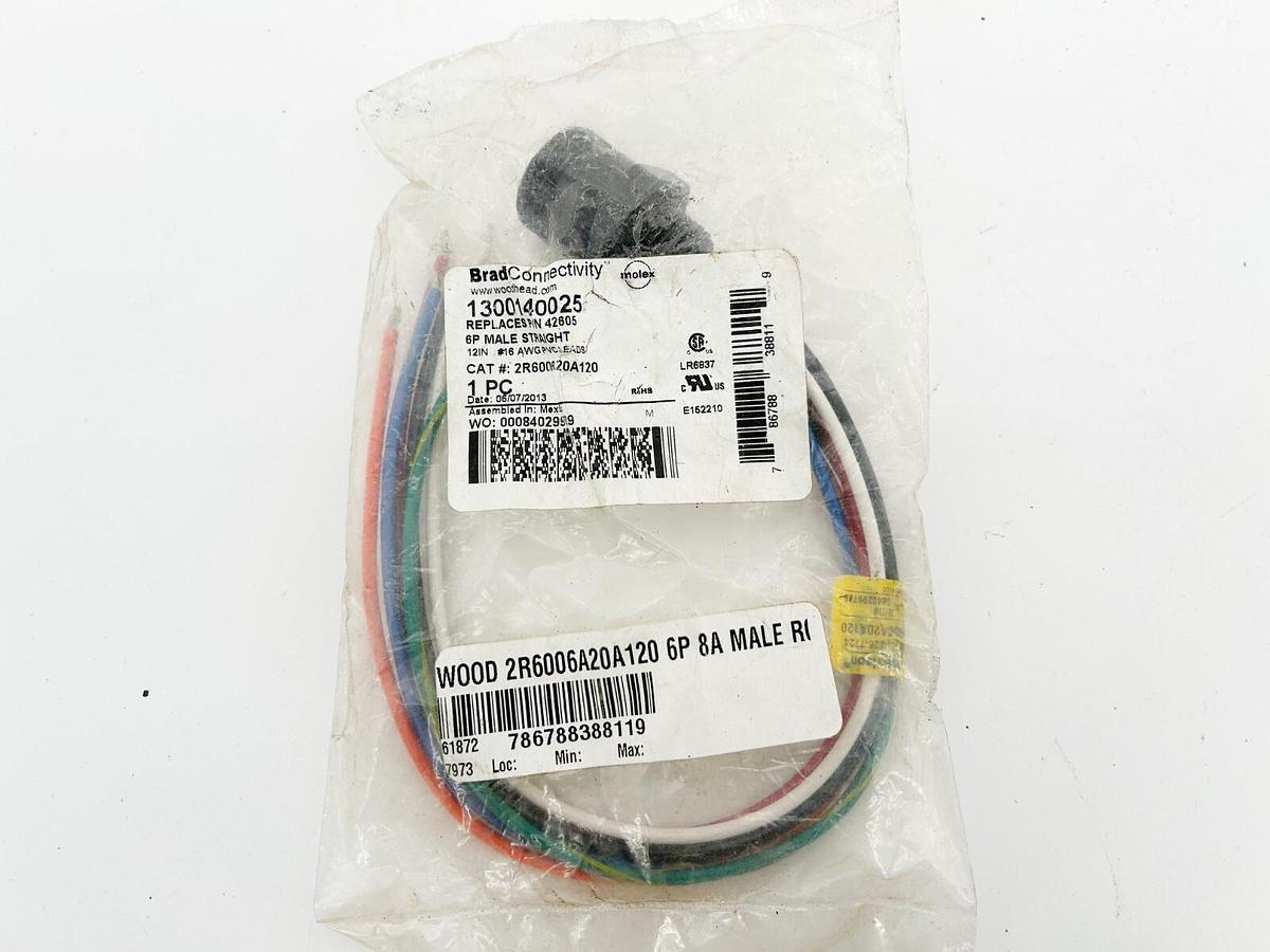New Brad Connectivity 1300140025 Cordset 6P Male Straight 12" 16AWG PVC Leads