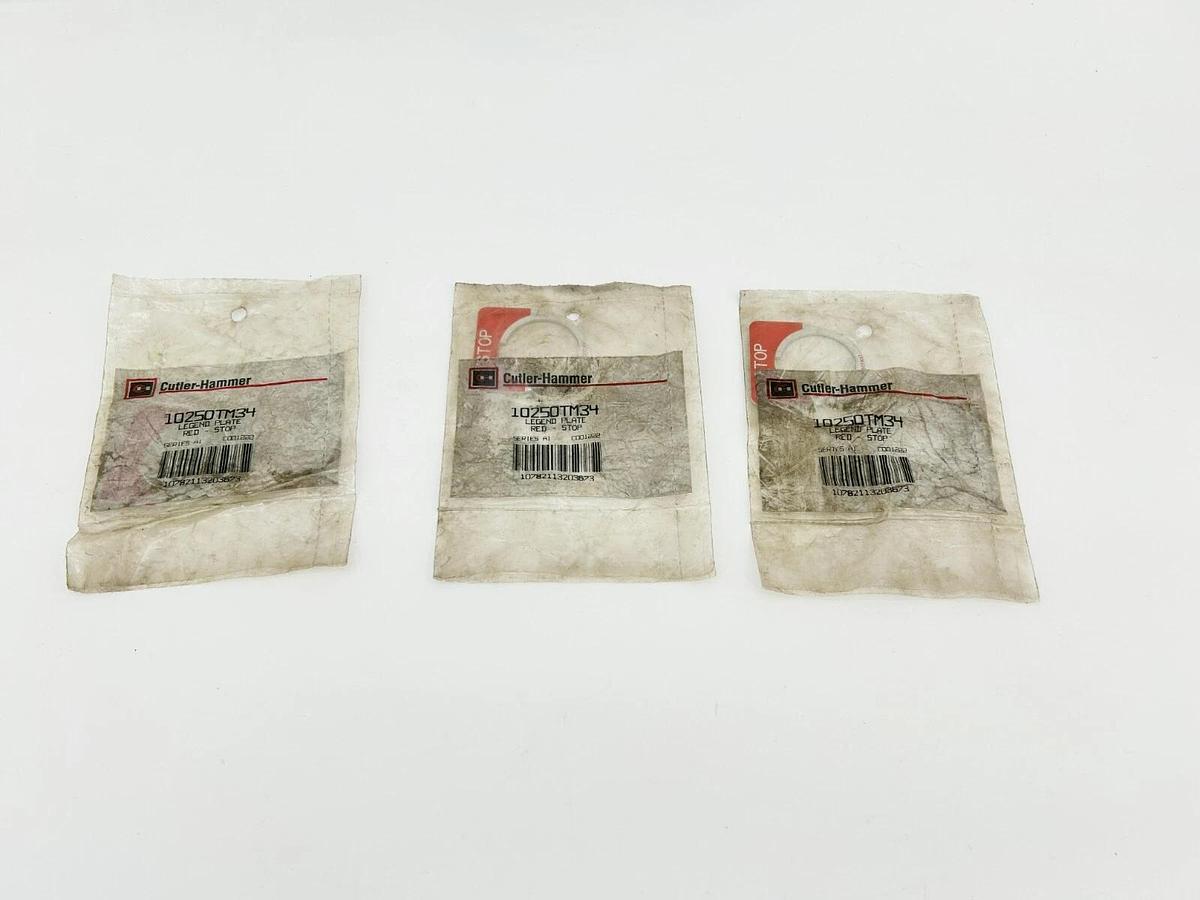 Lot of 3 New Eaton Cutler Hammer 10250TM34 Red Legend Plates, "STOP"