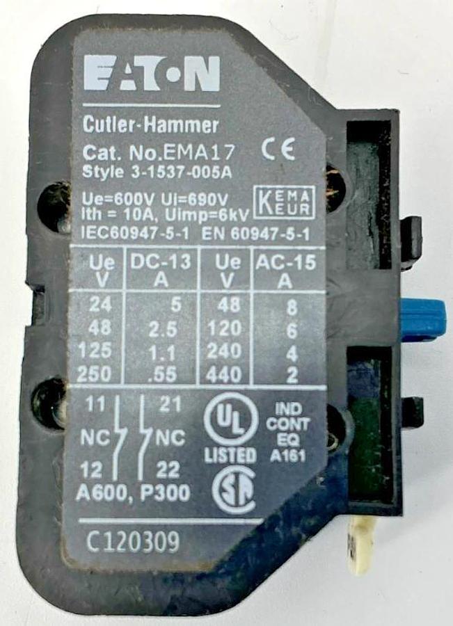 Used Eaton Cutler-Hammer EMA17 Dual Auxiliary Contact Block 2NC 10A 600VAC