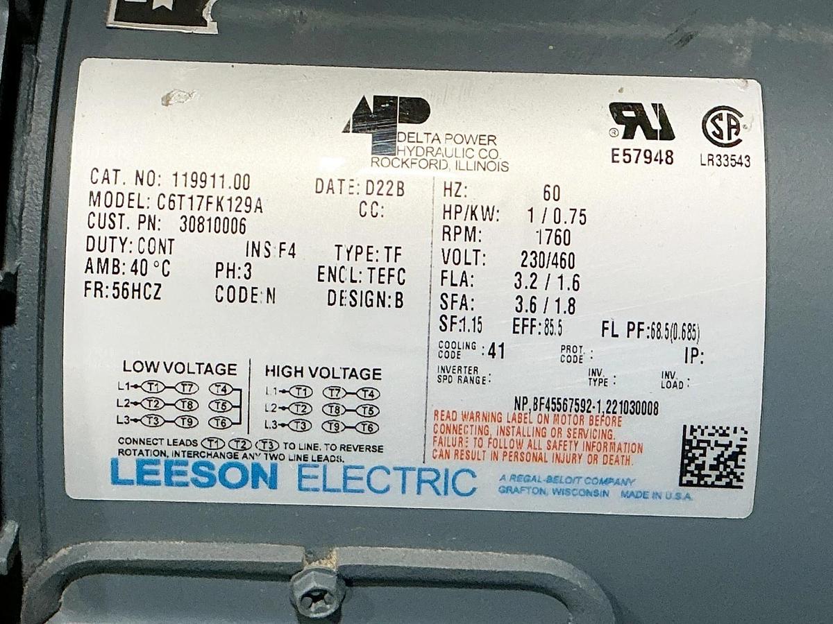 New Leeson Electric 119911.00 Electric Motor 1HP 460V 1760RPM 3PH C6T17FK129A