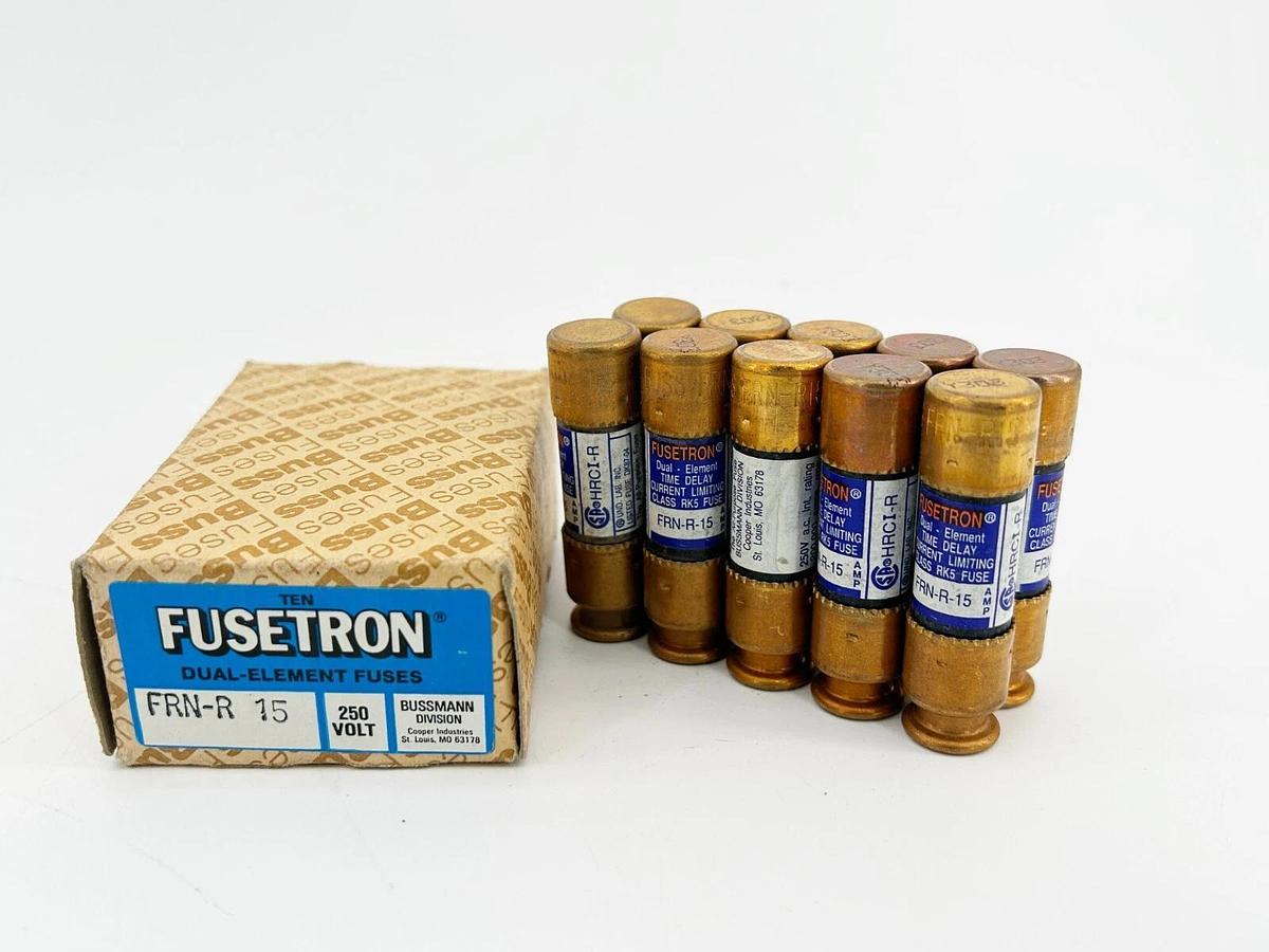 New Box of 10 Bussmann FRN-R-15 Dual Element Time Delay Fuse 15A 125VDC Class RK