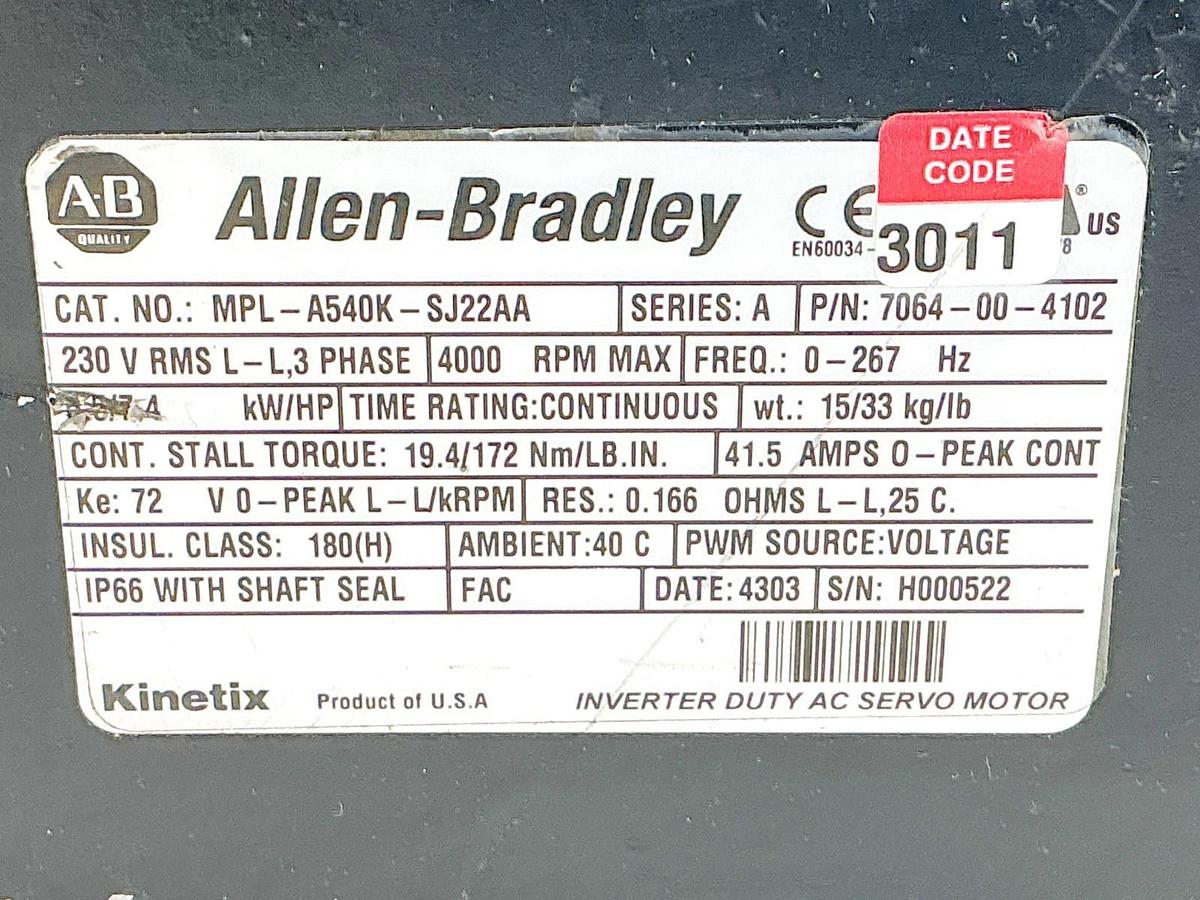 New Allen Bradley MPL-A540K-SJ22AA Servo Motor 4000RPM 230V 3PH Ser.A