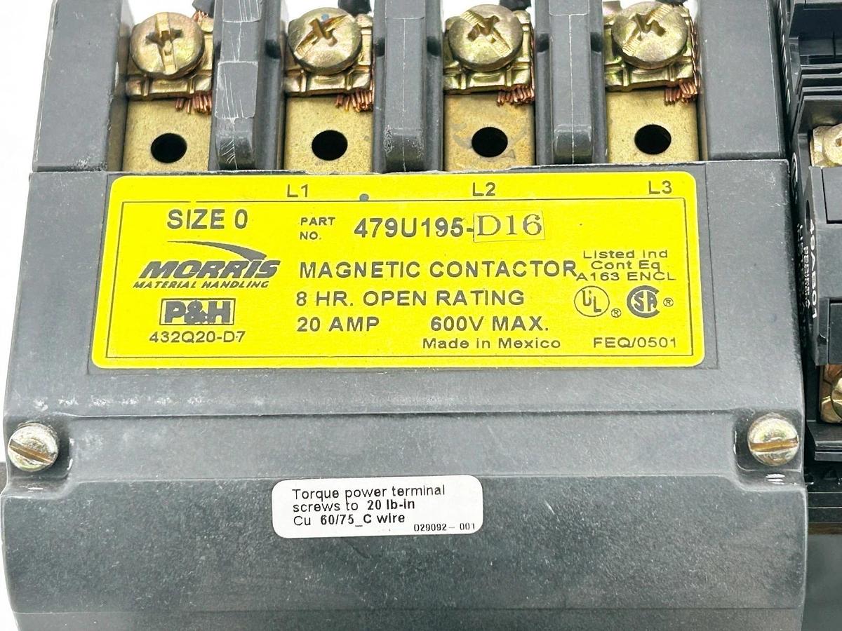 New P&H Morris 479U195-D16 Magnetic Contactor 20A 600V 8HR Open Rating Size 0