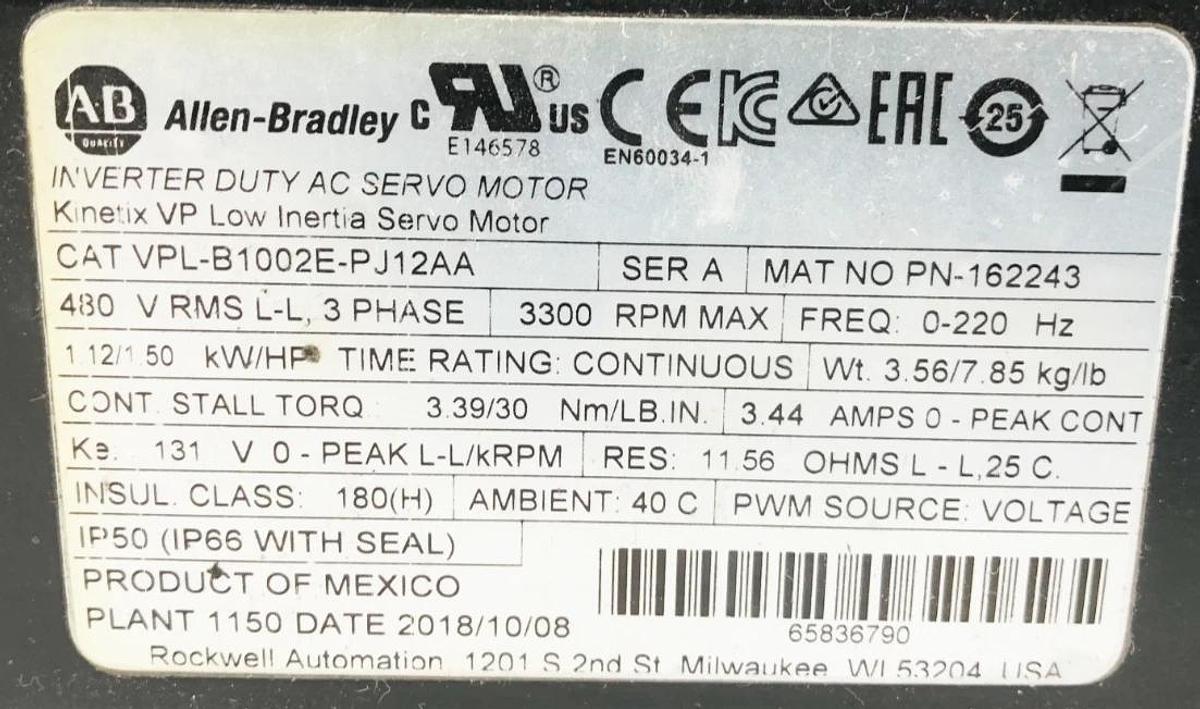 New Allen Bradley VPL-B1002E-PJ12AA Ser. A Servo Motor 480V 3PH 3300rpm - No Box
