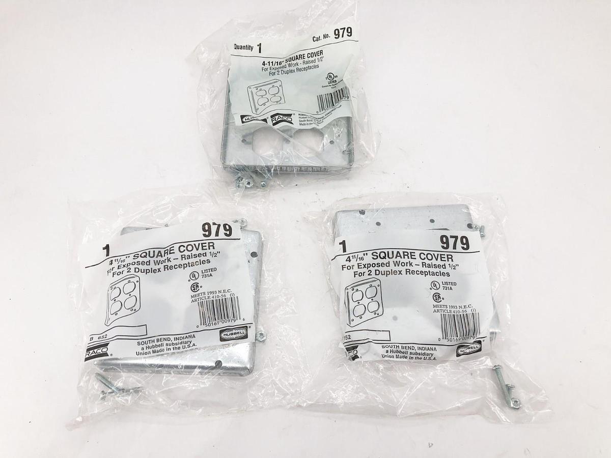 Lot of 3 New Hubbell Raco 979 Square Covers 2-Gang Galvanized 4-11/16"