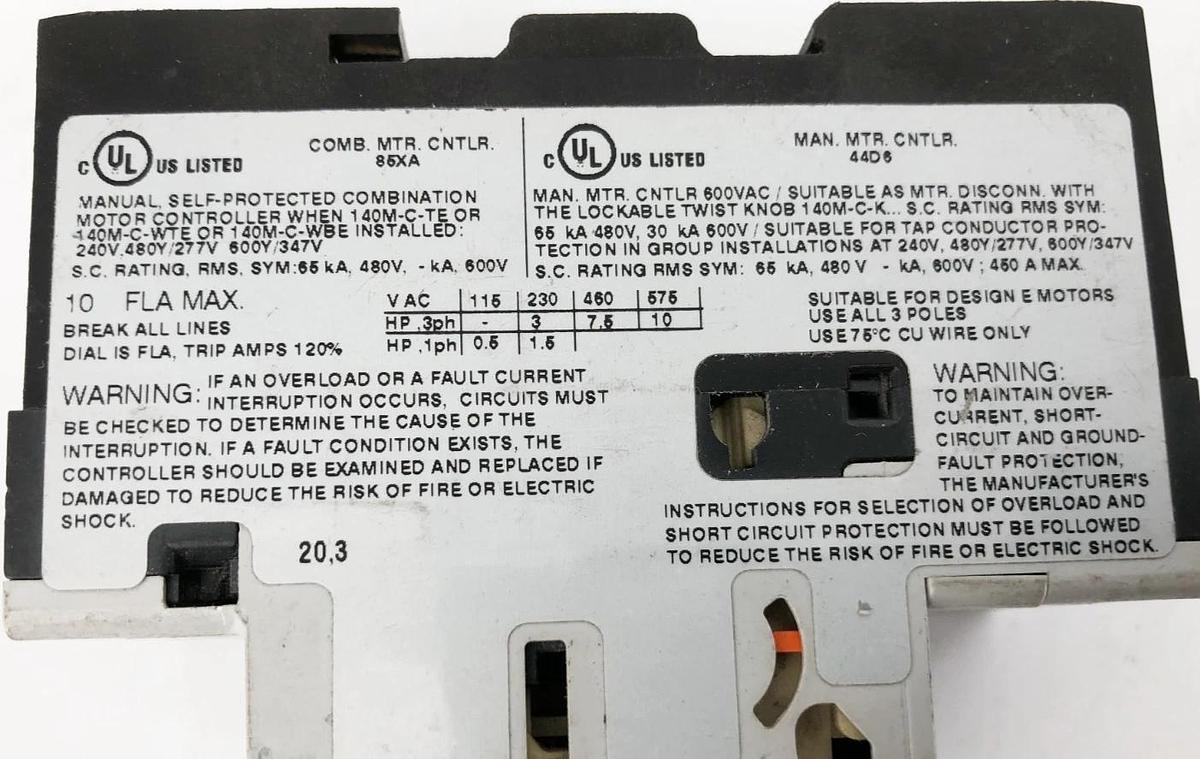 Used Allen Bradley 140M-C2E-C10 Ser. C Motor Protector Circuit Breaker 6.3-10A