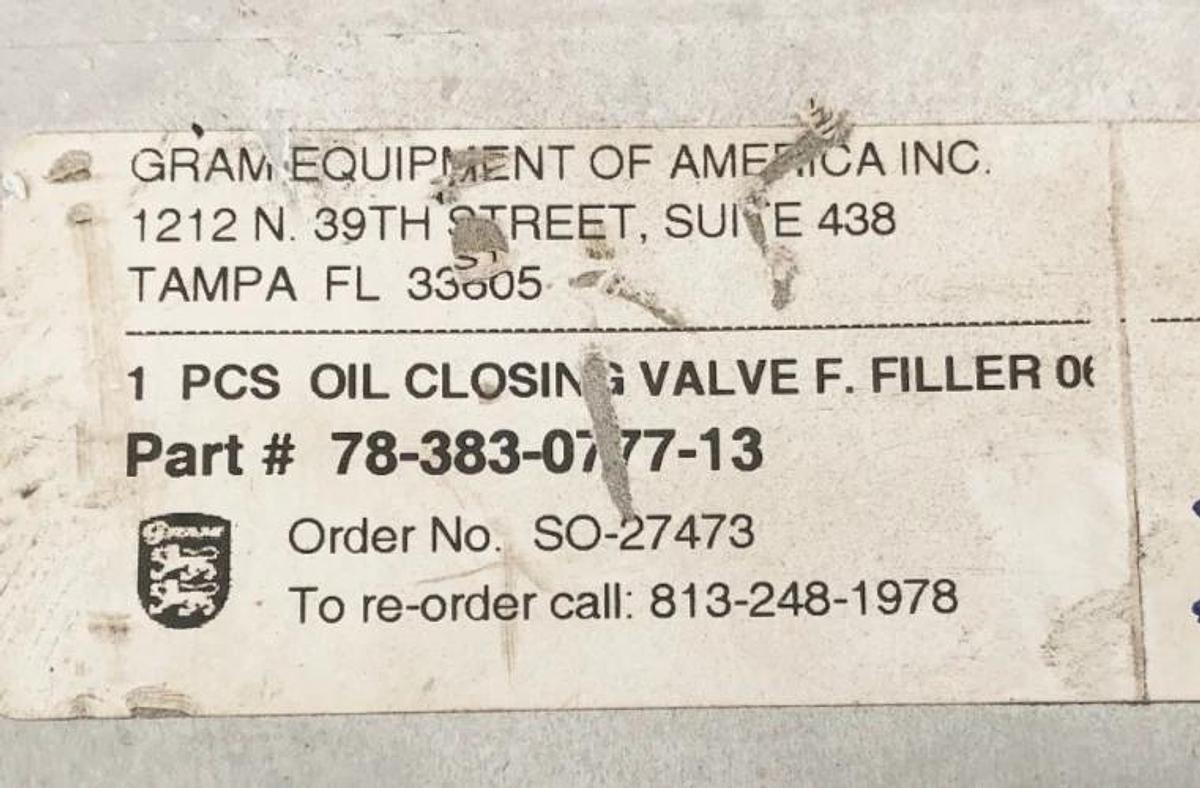 Used Gram Equipment 78-383-0777-13 Oil Closing Valve SO-27473