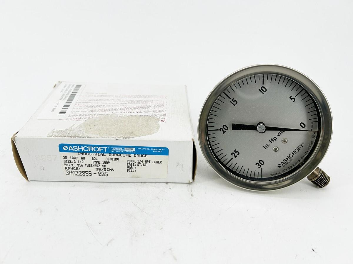 New Ashcroft 35-1009-AW-02L-30/0IMV Pressure Gauge 3-1/2" Dial 30-0IMV 1/4"